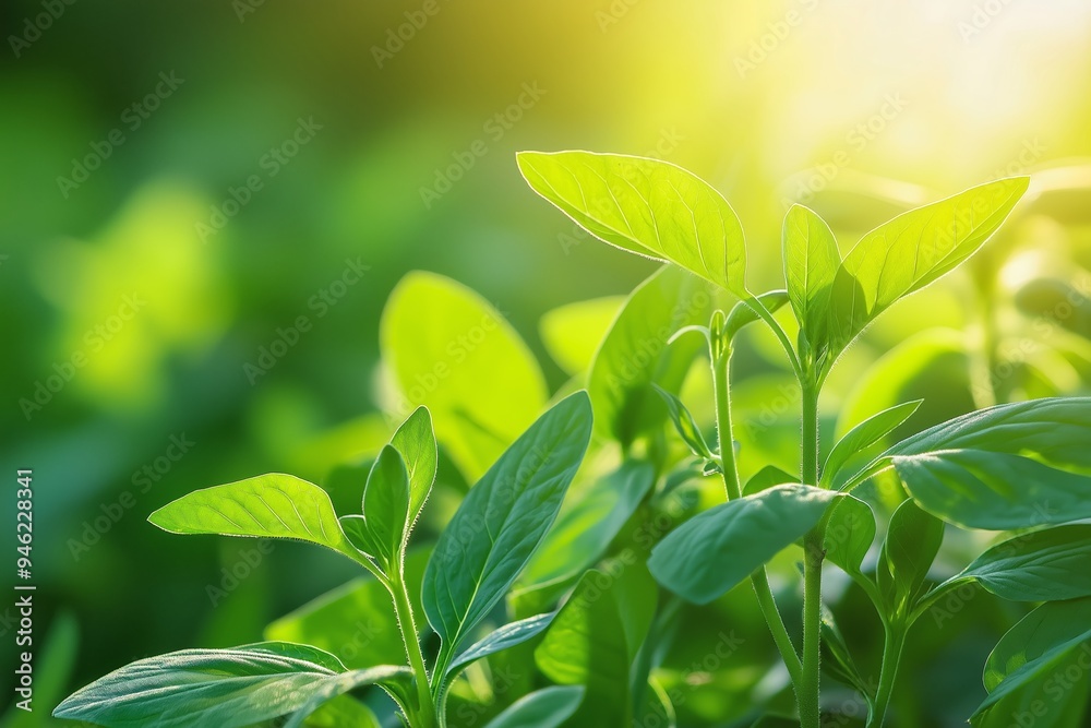 Bright and lush green plants bathed in golden sunlight, depicting the vibrancy and life of nature in close-up detail. Bright and lush green plants bathed in golden sunlight, depicting the vibrancy and life of nature in close-up detail.