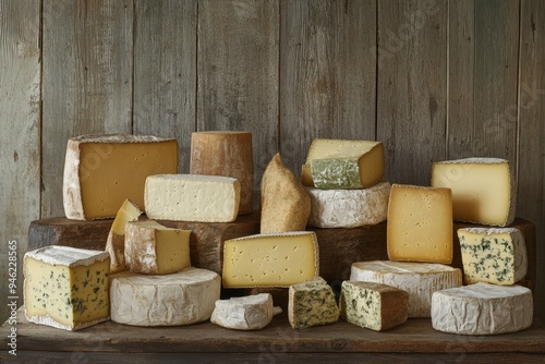A selection of cheeses from the UK, including Stilton, Cheddar, Red Leicester, and Double Gloucester.