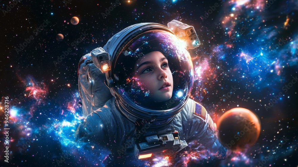 A young girl in a sleek open face astronaut suit, floating in space with a galaxy of stars and planets around her A young girl in a sleek open face astronaut suit, floating in space with a galaxy of stars and planets around her