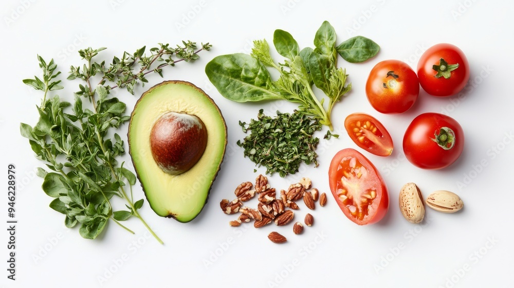 Arrange a selection of fresh, healthy ingredients such as avocados, tomatoes, herbs, and nuts.