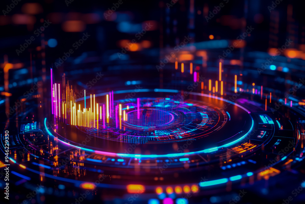 An interactive data chart with bar graphs and pie charts on a dark background. An interactive data chart with bar graphs and pie charts on a dark background.