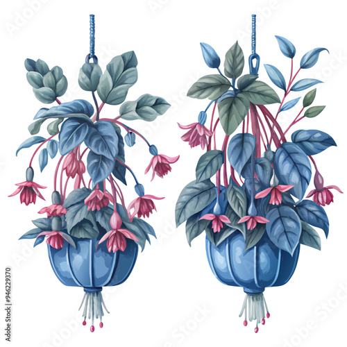Watercolor Style Illustration of Hanging Pots with Fuchsia Flowers