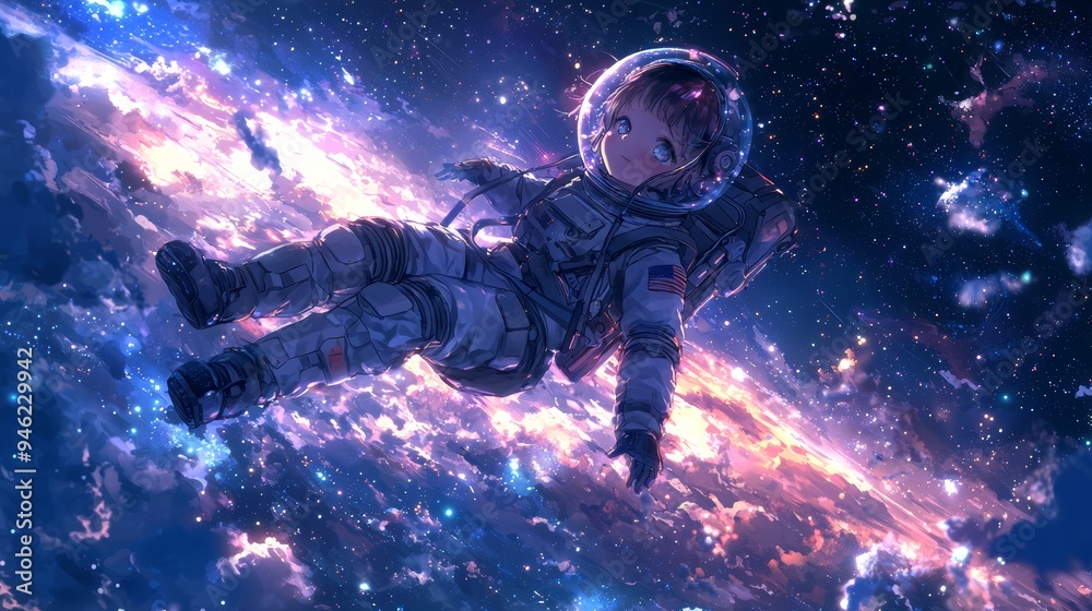 A charming girl in an anime-style space suit, floating in zero gravity with a galaxy-filled sky as the backdrop A charming girl in an anime-style space suit, floating in zero gravity with a galaxy-filled sky as the backdrop