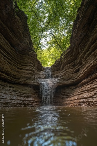 A small waterfall in a deep ravine in the Ozarks.
