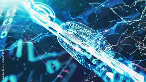 A close-up view reveals a metallic chain intricately linked to a cell phone, symbolizing the connection between technology and daily life, highlighting our modern reliance on devic