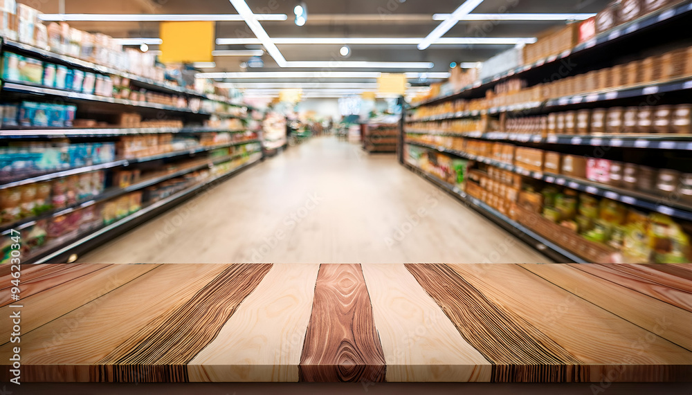 A natural wooden table in a bustling supermarket, empty wooden table mockup ideal for food and beverage advertising background A natural wooden table in a bustling supermarket, empty wooden table mockup ideal for food and beverage advertising background