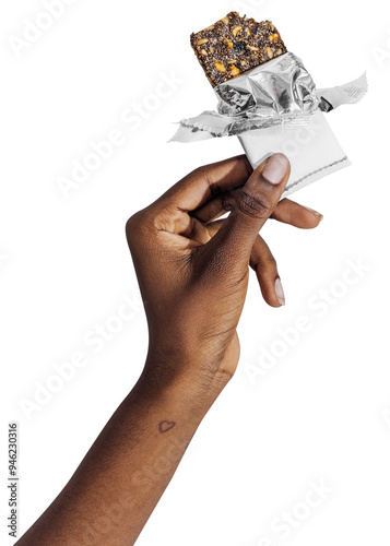 Foto Black hand holding a protein bar mockup