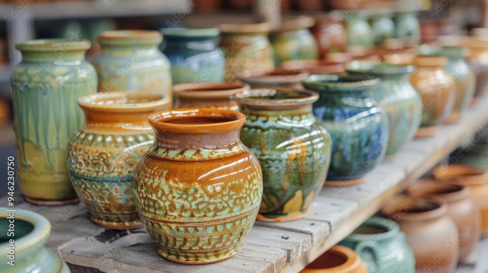 A row of colorful ceramic pots with intricate designs on a wooden shelf. A row of colorful ceramic pots with intricate designs on a wooden shelf.