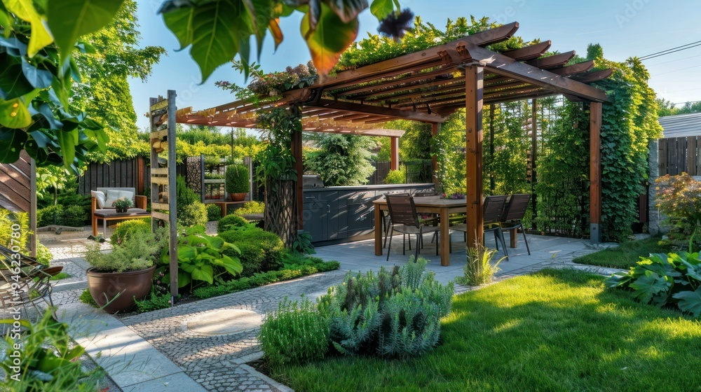 Backyard garden with a pergola-covered dining area, outdoor kitchen and vertical gardens. 