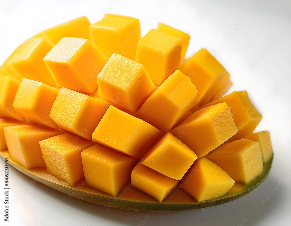A ripe mango sliced into neat cubes, with bright yellow-orange flesh, displayed on a white background