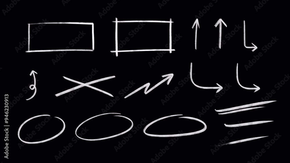 A Set of boxes, circles, arrows and line art: Hand-drawn animation of pencil crayon, rough chalk underline, marks, sketching elements on a transparent background, alpha channel.
