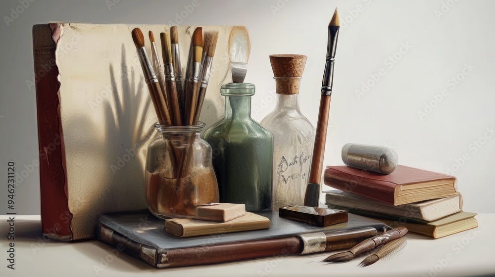 Highlight the textures and colors of the supplies using diffused, even lighting. Add a subtle shadow or reflection to emphasize the items without overpowering the white background. Highlight the textures and colors of the supplies using diffused, even lighting. Add a subtle shadow or reflection to emphasize the items without overpowering the white background.