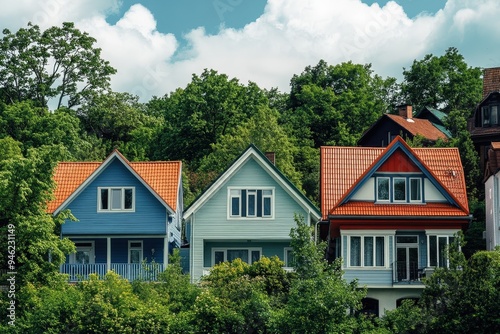 A row of houses with different colored roofs.