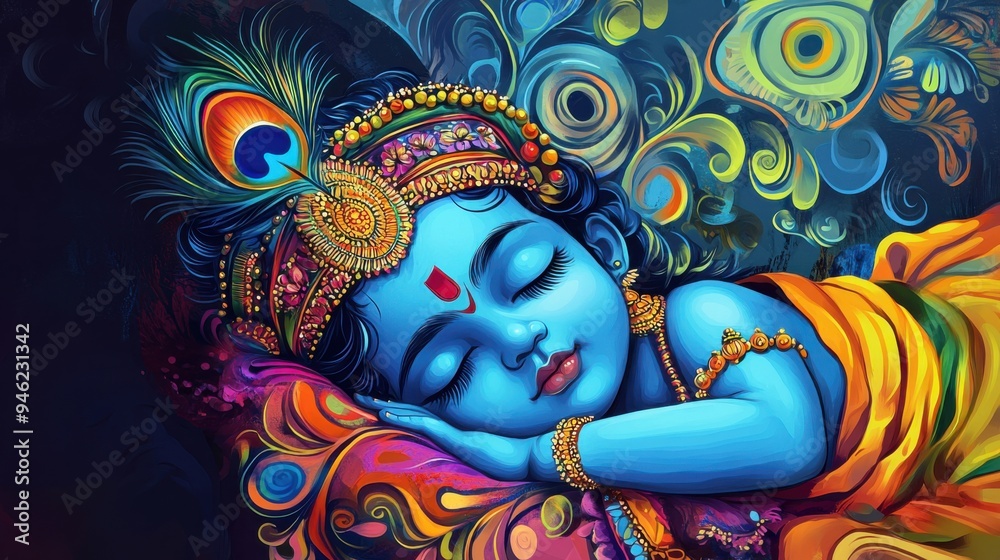 Cute Little Sleeping Baby Krishna in Layered Traditional Clothing with Blue Skin and Peacock Feather, Depicting the Hindu God for Krishna Janmashtami and Govardhan Puja Cute Little Sleeping Baby Krishna in Layered Traditional Clothing with Blue Skin and Peacock Feather, Depicting the Hindu God for Krishna Janmashtami and Govardhan Puja