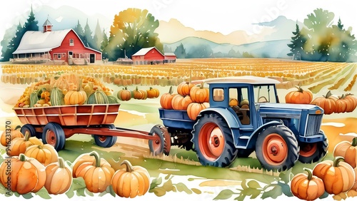 Pumpkins, hayrides, and corns mazes. watercolor illustration
