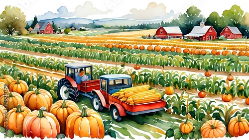 Pumpkins, hayrides, and corns mazes. watercolor design