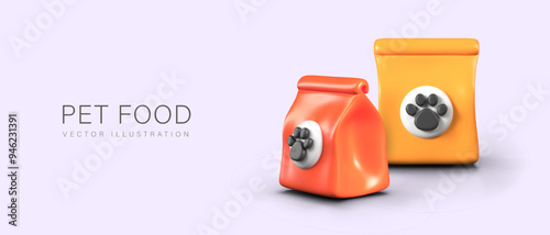 Vector concept of food for pets. Commercial composition on purple background