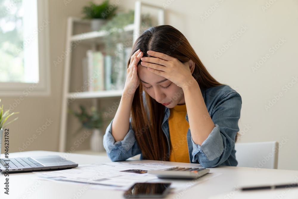 Young Asian woman looking at credit card invoice in her hands and worry about cash on bills payday Young Asian woman looking at credit card invoice in her hands and worry about cash on bills payday