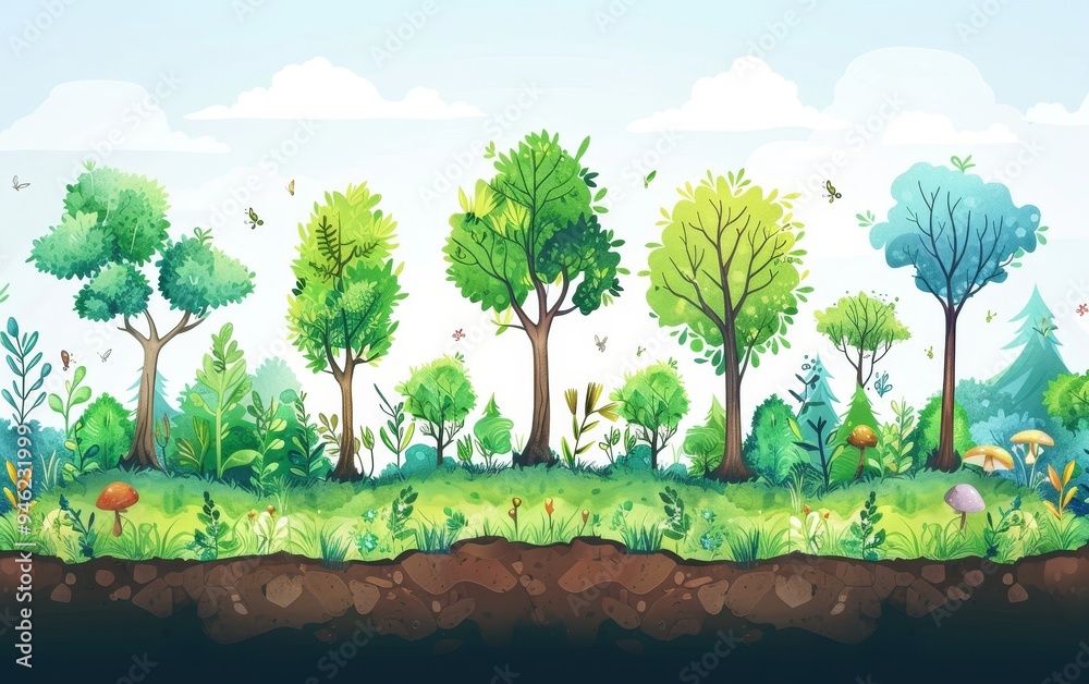 Fototapeta premium Forest conservation flat design side view environmental theme animation colored pastel