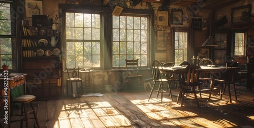 Sunbeams stream through windows in a rustic room with a table, chairs, and wooden floor. photo