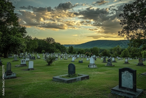 A cemetery in the countryside with a hill in the background