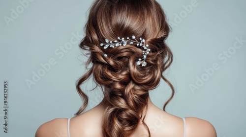 A woman with soft, romantic curls pinned back with decorative hairpins, ideal for a wedding or prom