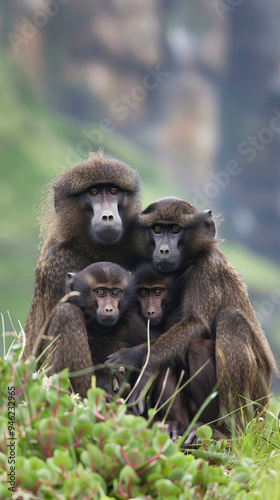 Family of baboons sitting together on green grassy hill in a close-knit group, displaying natural behavior and bonding in the wild