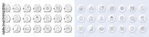 Sun protection, Incubator and 360 degree line icons. White pin 3d buttons, chat bubbles icons. Pack of 5g internet, Sunglasses, 5g upload icon. Filter, Qr code, Coronavirus pictogram. Vector