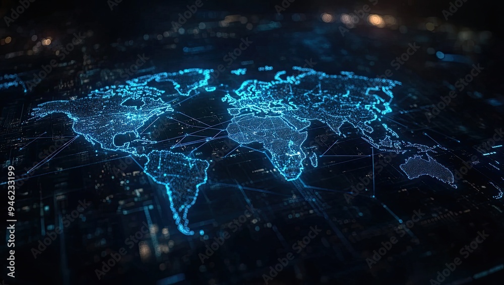 Digital map of the world with blue glowing connections representing the global network and connectivity, symbolizing the digital transformation in business and technology Generative AI Digital map of the world with blue glowing connections representing the global network and connectivity, symbolizing the digital transformation in business and technology Generative AI