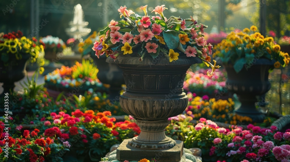 A close-up shot of a large, dark grey urn overflowing with colorful flowers, surrounded by various other flower pots and vibrant blooms. A close-up shot of a large, dark grey urn overflowing with colorful flowers, surrounded by various other flower pots and vibrant blooms.