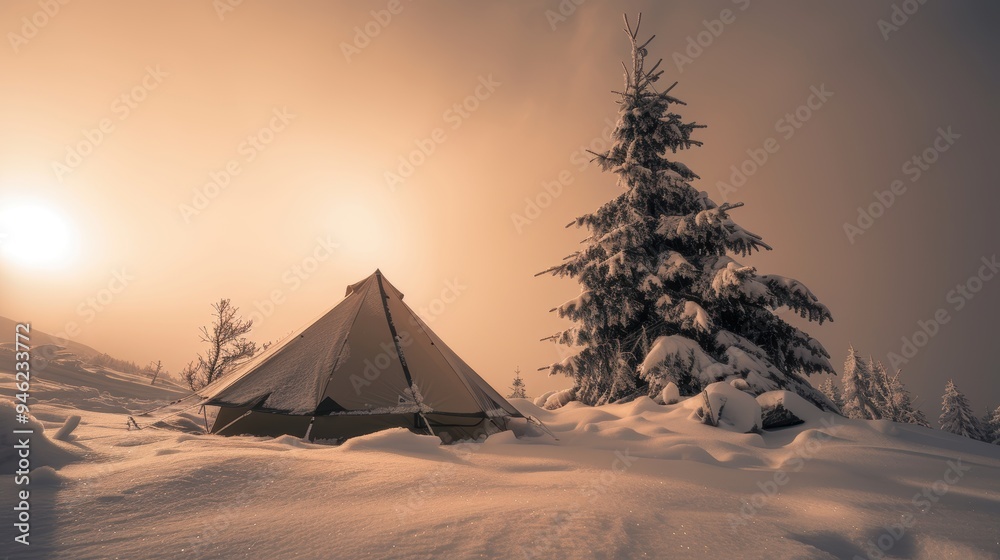 Winter camping adventure: tent standing on snow covered mountain at sunset Winter camping adventure: tent standing on snow covered mountain at sunset