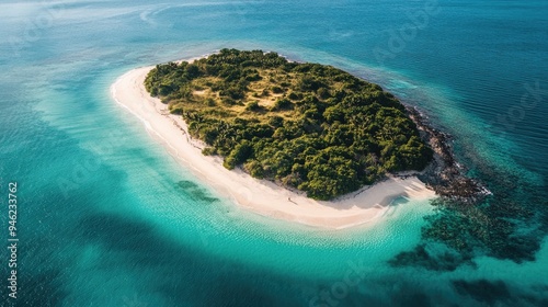 An aerial view of a remote island surrounded by turquoise ocean, showcasing its pristine sandy beaches