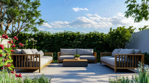 Outdoor garden furniture set: light wood sofa and armchairs with grey fabric cushions. photo