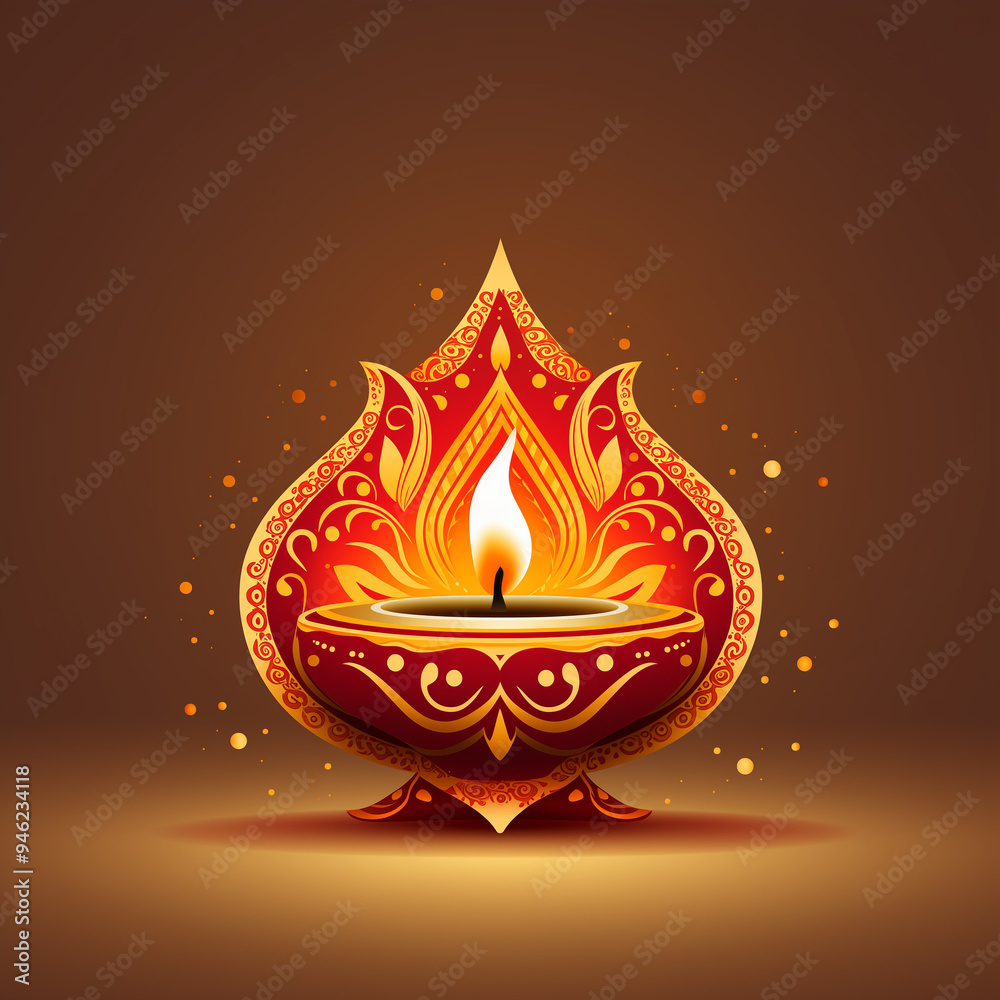 Traditional Diya Lamp with Flame for Diwali on a Brown Background Traditional Diya Lamp with Flame for Diwali on a Brown Background