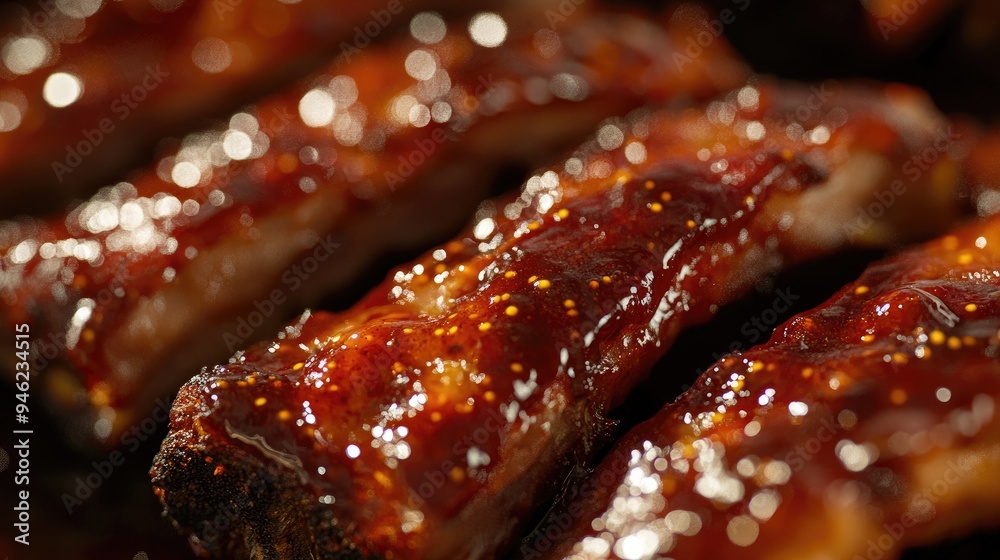 Detailed close-up of barbecued ribs with a glistening glaze and smoky flavor, captured from above for a mouthwatering effect Detailed close-up of barbecued ribs with a glistening glaze and smoky flavor, captured from above for a mouthwatering effect