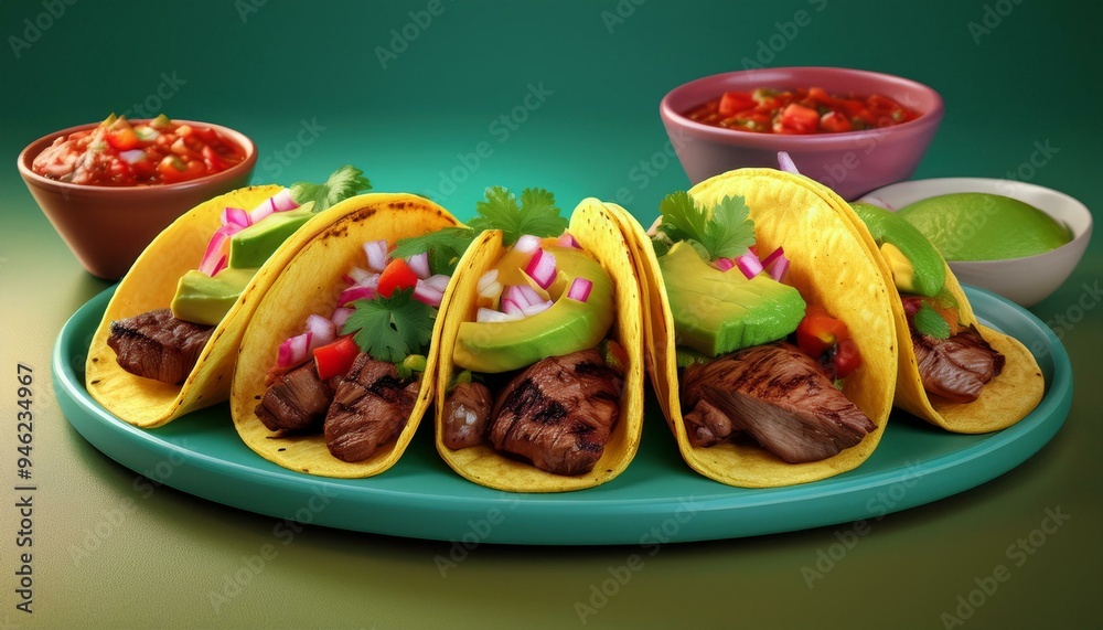 Juicy steak tacos with fresh salsa vegetables and avocado and lemon, soft tortillas, vibrant and colorful tasty Juicy steak tacos with fresh salsa vegetables and avocado and lemon, soft tortillas, vibrant and colorful tasty