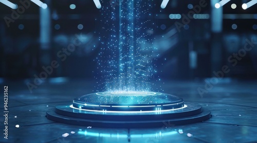 A glowing blue digital portal in a futuristic setting.