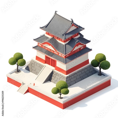 Nijo Castle in Nakagyo-ku, Kyoto, Japan, shown in a stylish, isometric 3D render on a white background photo