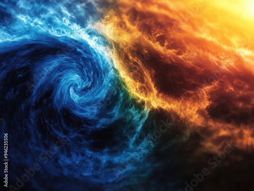 Abstract image depicting a mesmerizing fire and ice swirl merging together, representing the harmony and contrast between two opposing elements.