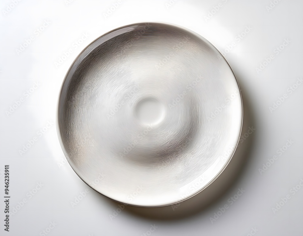 A simple, round white ceramic plate with a smooth surface, placed on a white background