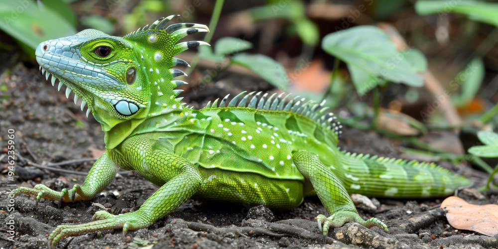 Lizard with spiked crest and spotted scales in natural habitat, side view highlighting vibrant green coloration Lizard with spiked crest and spotted scales in natural habitat, side view highlighting vibrant green coloration