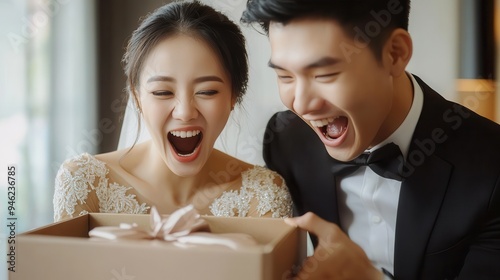 An excited Asian couple unpacks a beautifully wrapped gift box, sharing smiles and laughter as they reveal its contents photo