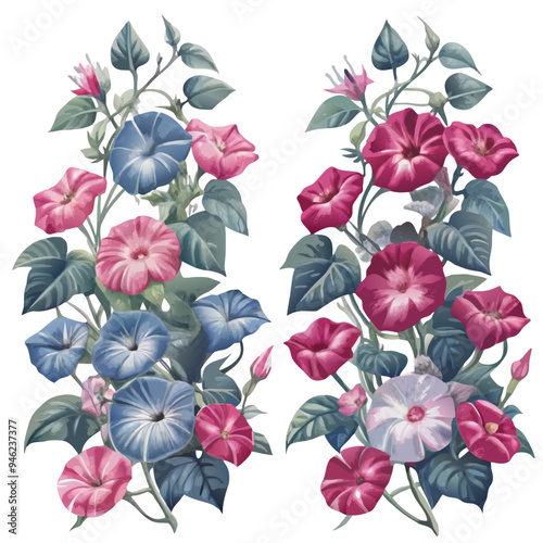 Vibrant Watercolor Bouquet of Pink and Blue Morning Glory Flowers