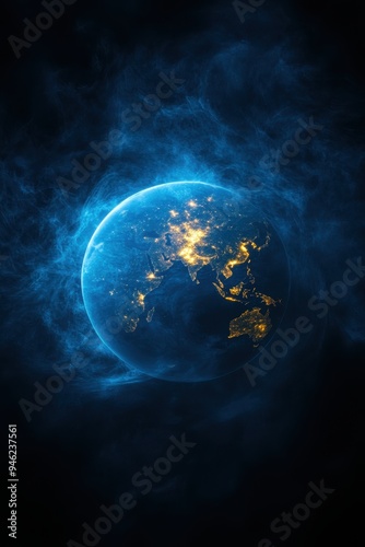 A glowing Earth in a dark, smoky space with lit-up cities creating a surreal and futuristic atmosphere.