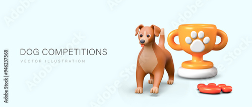 Winning dog stands next to golden trophy. Concept of competition between dogs