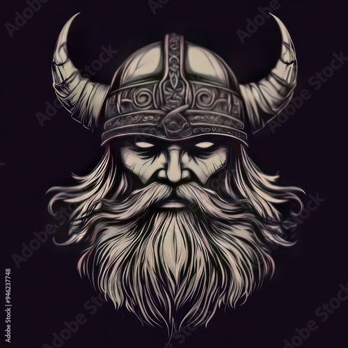 A Viking Warrior's Face with Horned Helmet and Long Beard