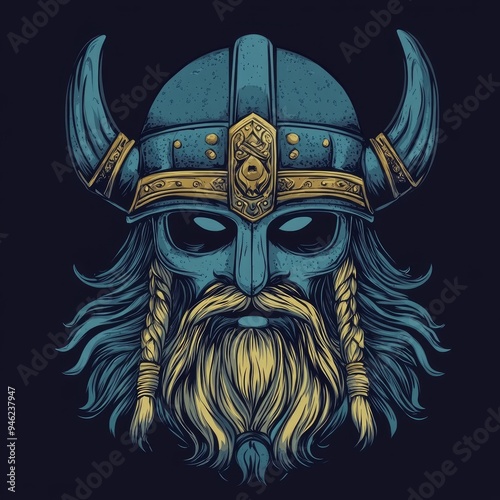 Illustration of a Viking Warrior with a Blue Helmet and Braids photo