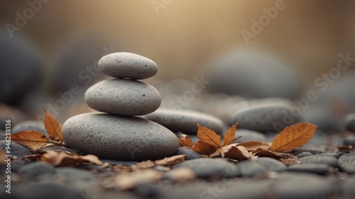 Zen stones with dried leaves and soft background.