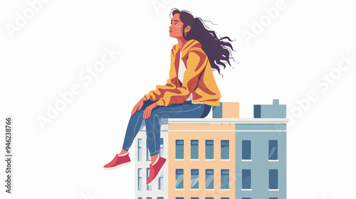 Stylish Young Woman Sitting on Urban Rooftop