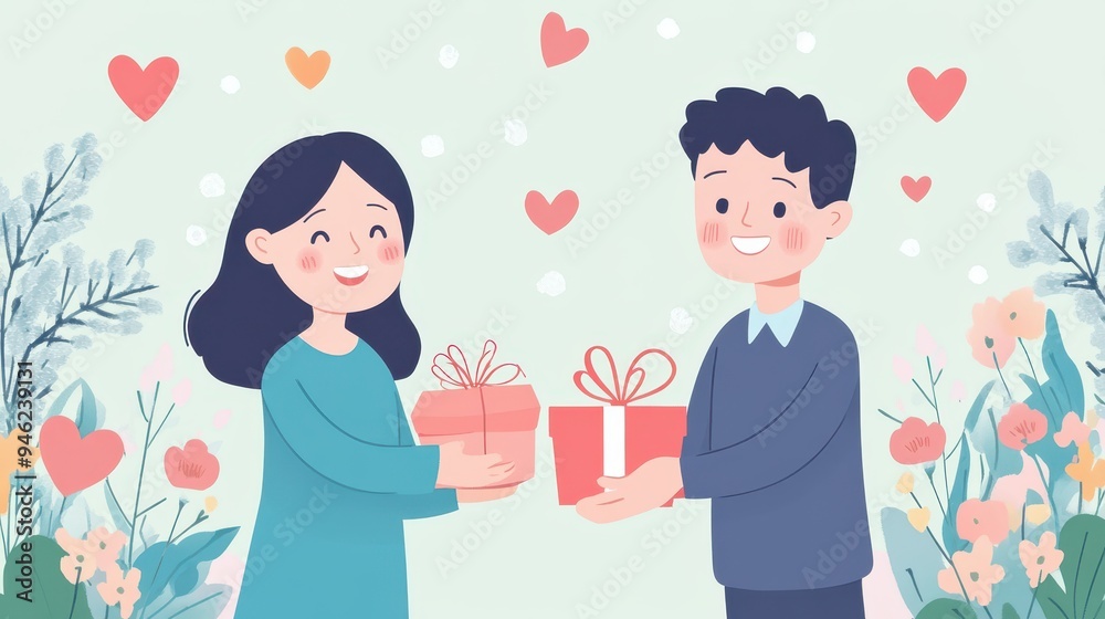 An elderly Asian couple shares joyful moments while exchanging heartfelt gifts surrounded by a colorful garden setting An elderly Asian couple shares joyful moments while exchanging heartfelt gifts surrounded by a colorful garden setting